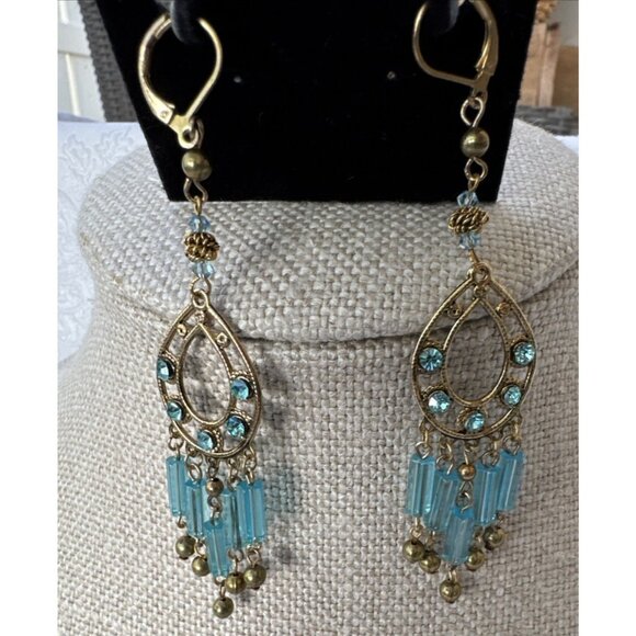 Nordstrom Sequin Pale Gold & Blue Beads Tassel Dangle Drop Earrings Teardrop NEW - Picture 8 of 10